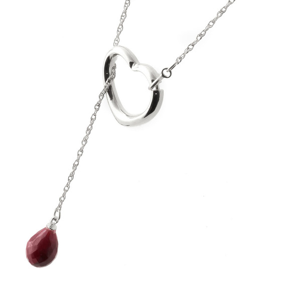 14K. SOLID GOLD HEART NECKLACE WITH DROP BRIOLETTE NATURAL RUBY (White Gold) - Picture 2 of 2